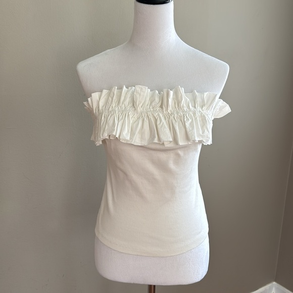Anthropologie Maeve Poplin Ruffle Trim White Tube Off Shoulder Top Size MP - NEW - Picture 6 of 12